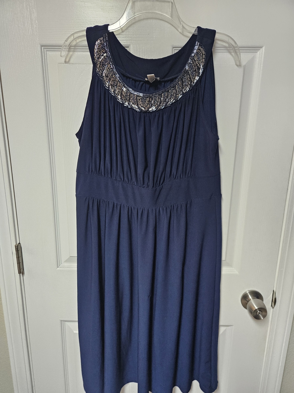 Haani Navy Blue Beaded Neckline Sleeveless Dress